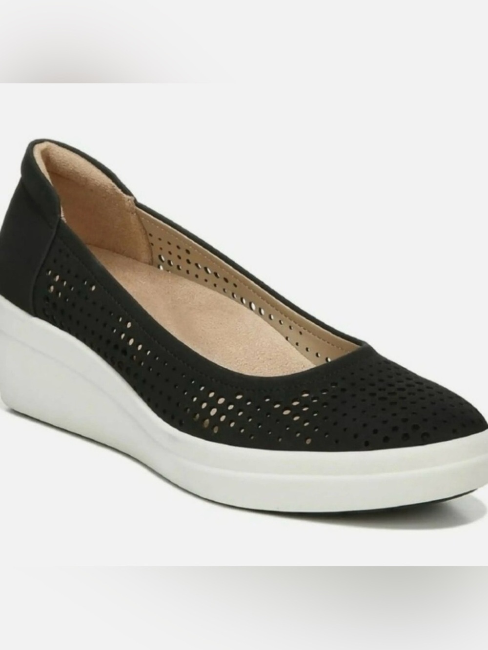 Naturalizer Black Perforated Wedge Slip-Ons with White Sole